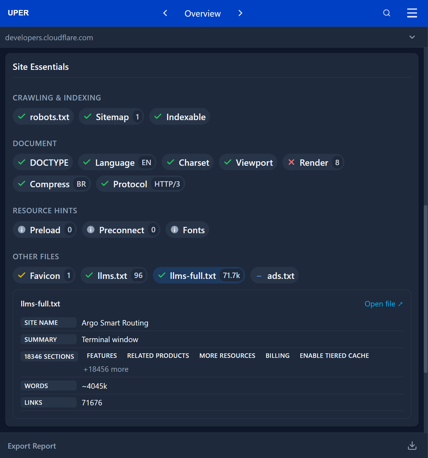 Audyt llms-full.txt dokumentacji Cloudflare w module Site essentials wtyczki Uper SEO