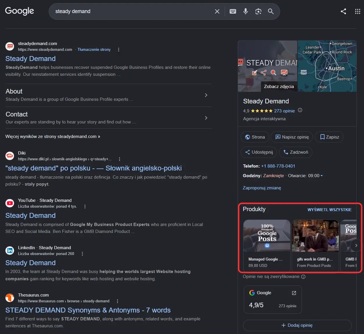 Wyniki wyszukiwania „steady demand” w polskim Google (20.10.2026): w panelu firmy po prawej, pod telefonem i godzinami otwarcia, widać sekcję Produkty zamiast karuzeli wpisów