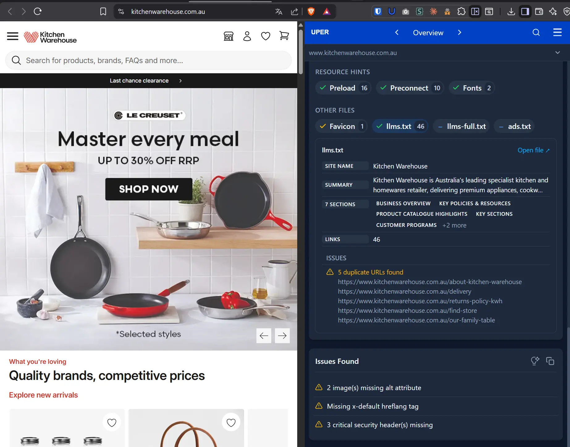 Wykrywanie zduplikowanych URL-i w pliku llms.txt sklepu Kitchen Warehouse przez wtyczkę Uper SEO