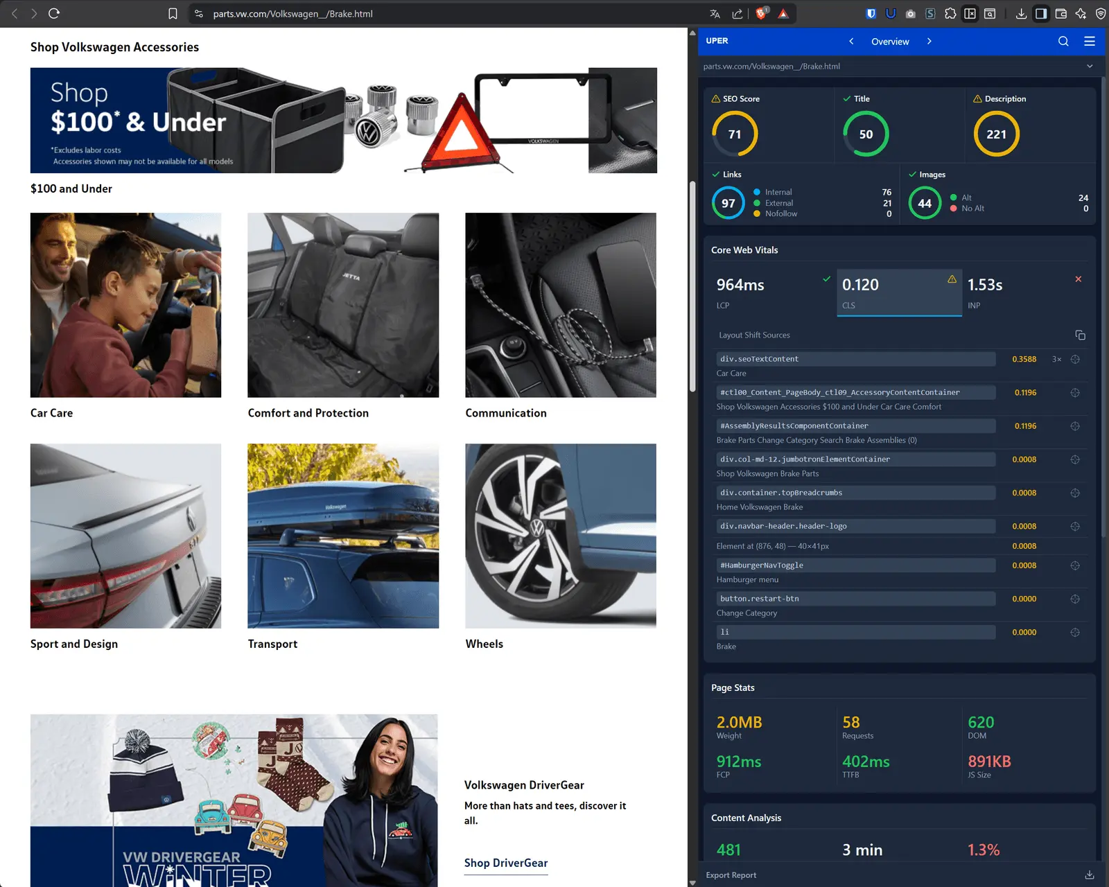 Problemy CLS wykryte przez Uper SEO Auditor na parts.vw.com — dynamicznie ładowana treść SEO jako główne źródło przesunięć