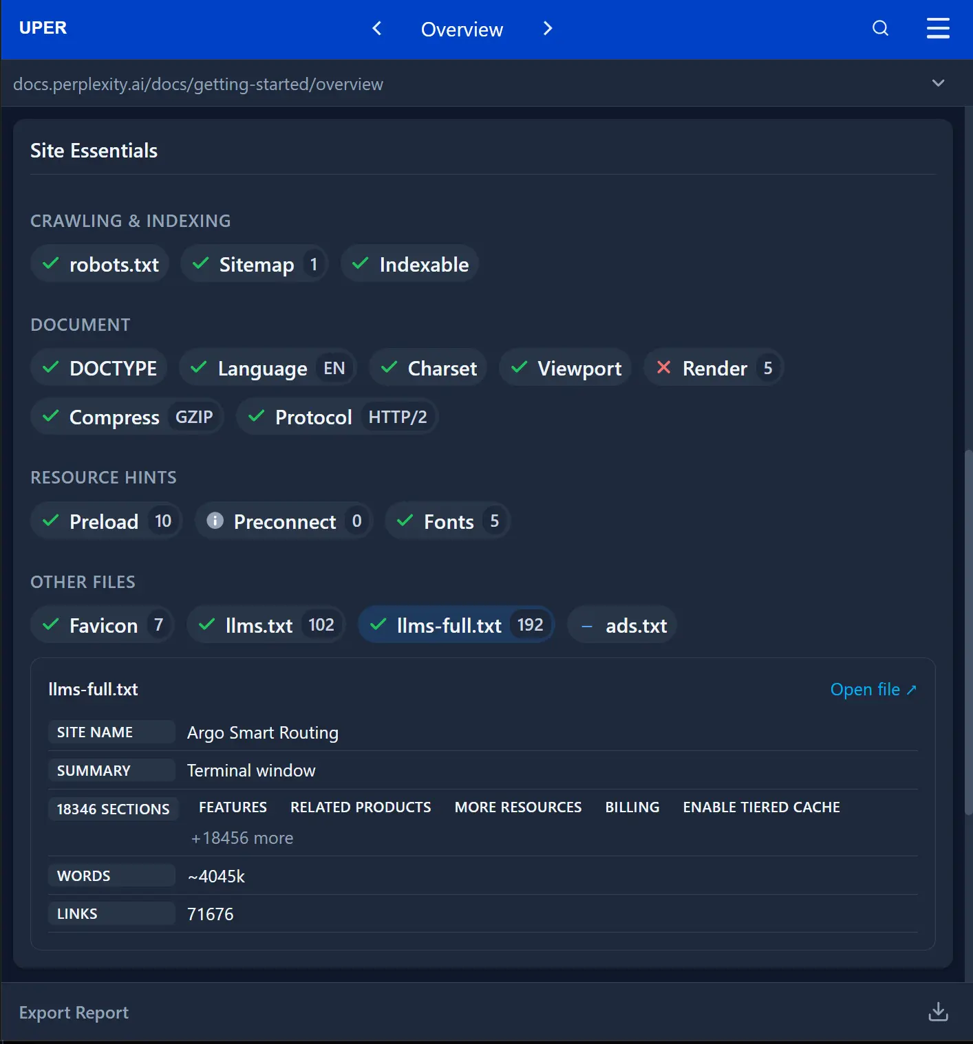 Audyt llms-full.txt dokumentacji Perplexity w module Site essentials wtyczki Uper SEO