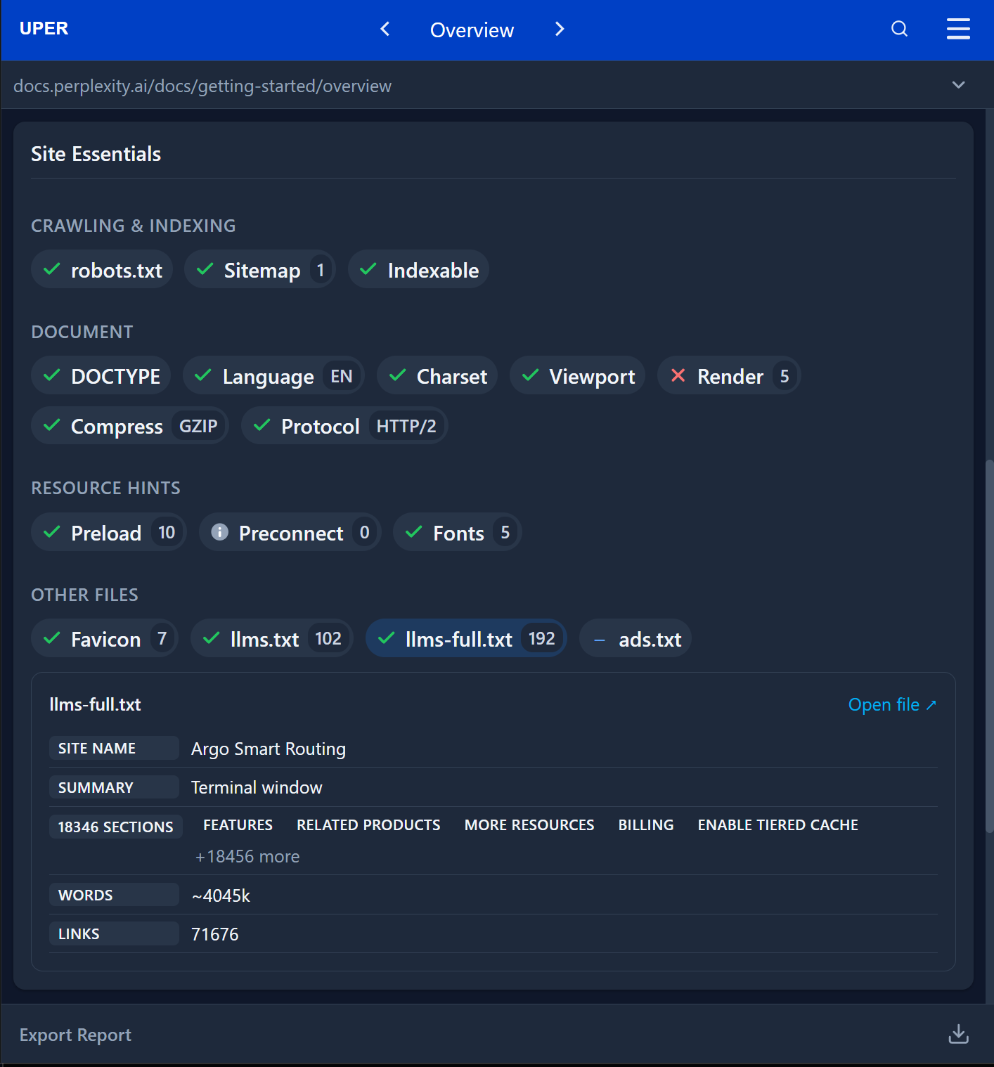 Audyt llms-full.txt dokumentacji Perplexity w module Site essentials wtyczki Uper SEO