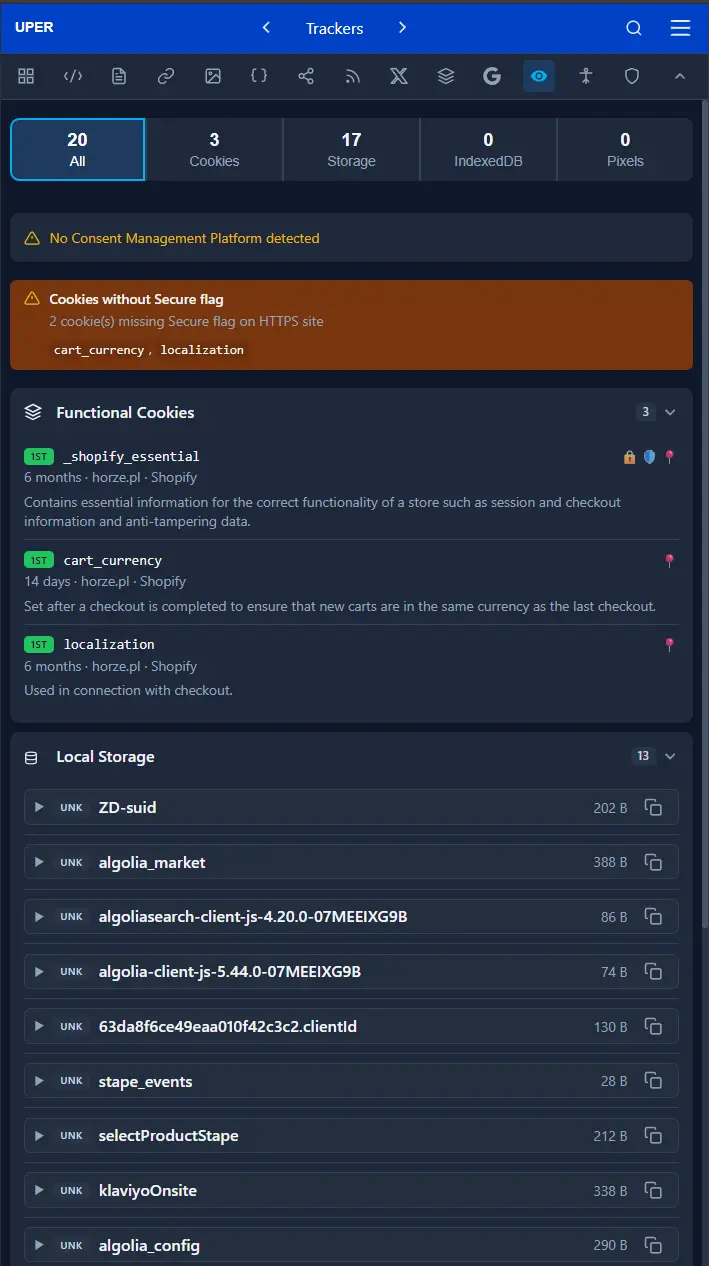 Cookies i trackery w UPER SEO Auditor