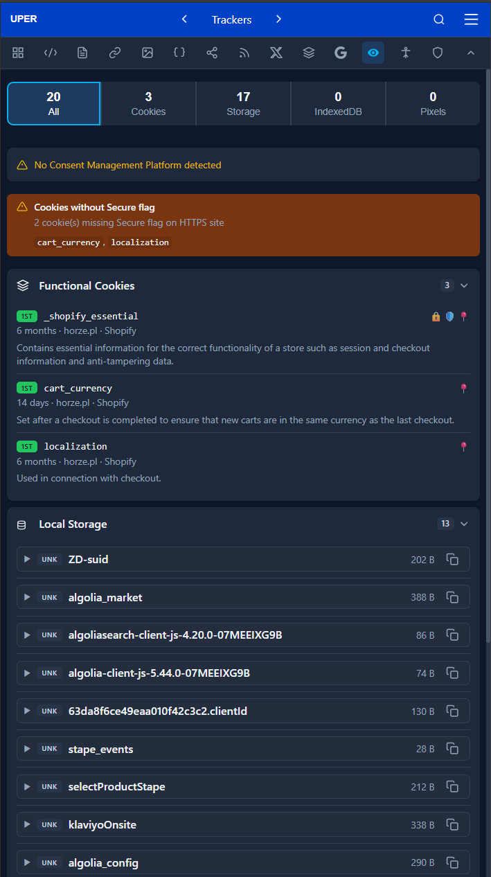 Cookies i trackery w UPER SEO Auditor