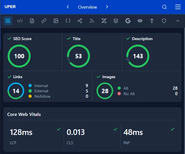 Core Web Vitals in UPER SEO Auditor