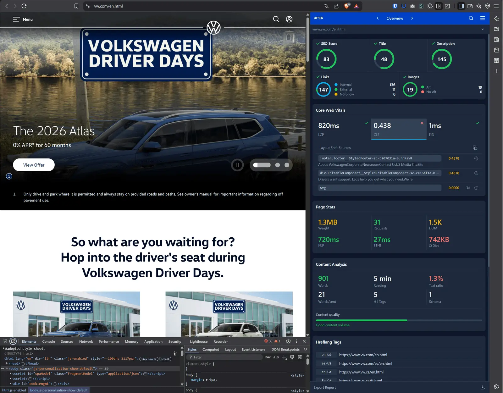 CLS issues detected by Uper SEO Auditor on vw.com — footer and div with CLS 0.44