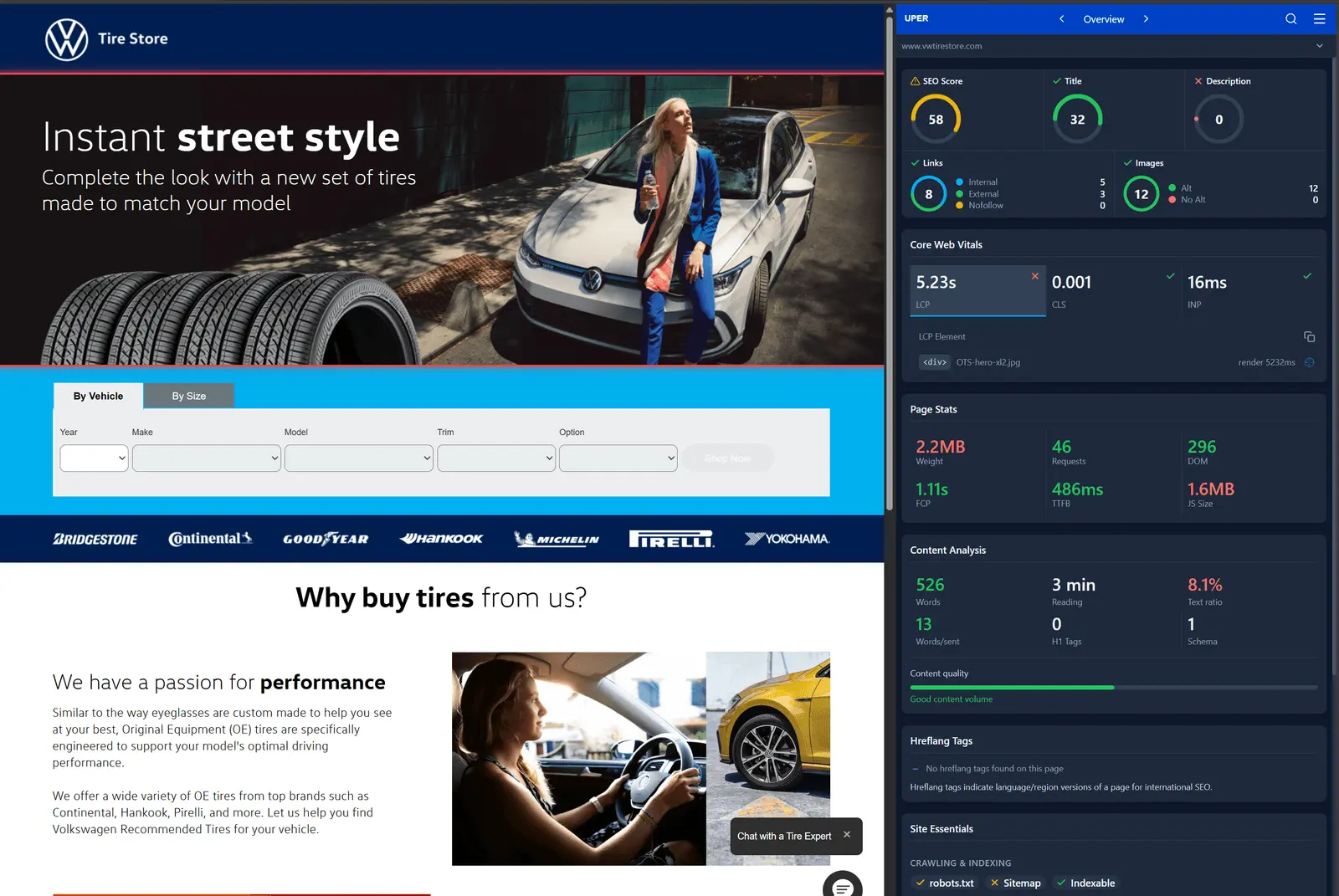 LCP 5.23s wykryty przez Uper SEO Auditor na vwtirestore.com — element LCP to obraz hero renderowany w 5232ms