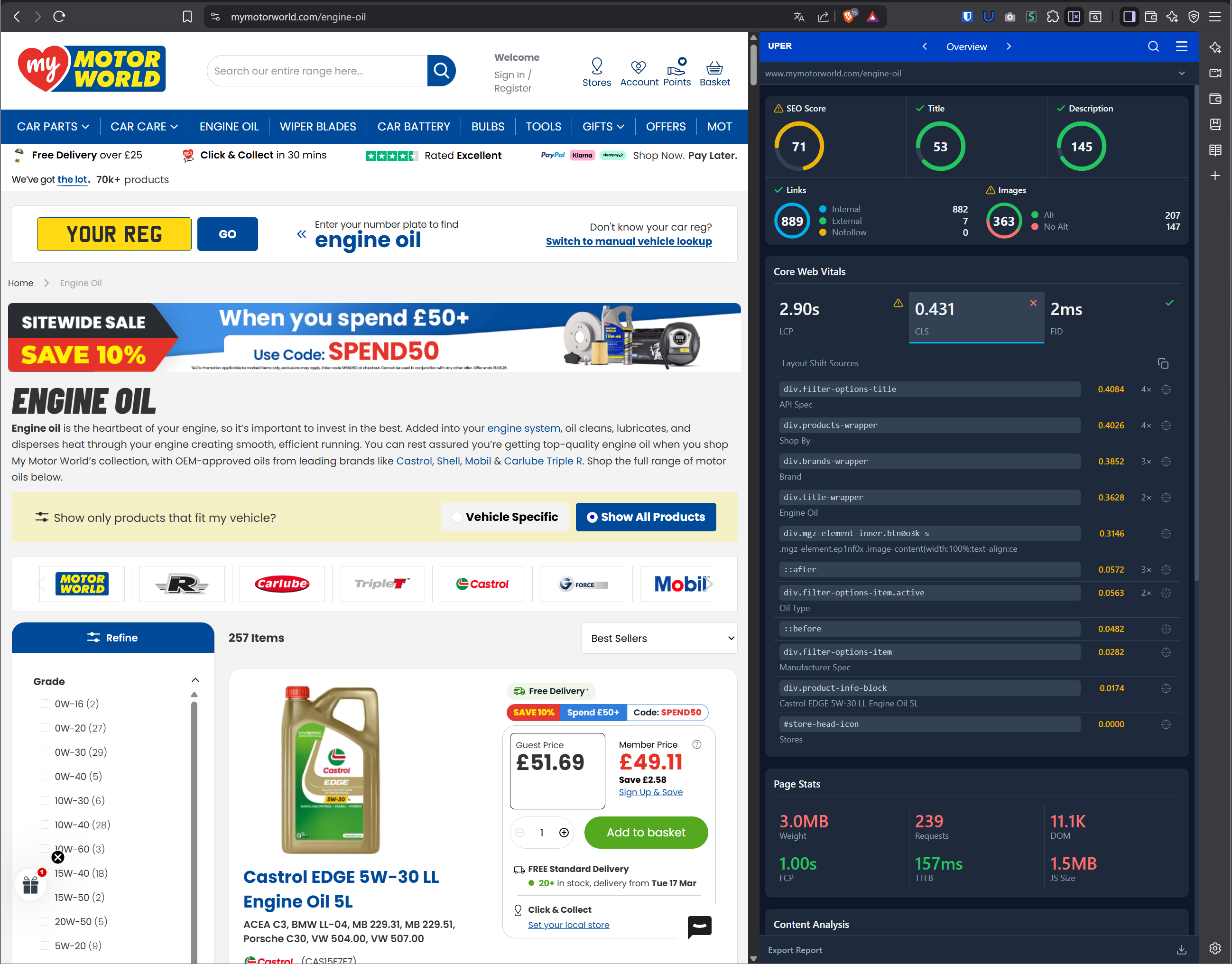 Problemy CLS wykryte przez Uper SEO Auditor na mymotoworld.com — CLS 0.431 z licznymi źródłami przesunięć