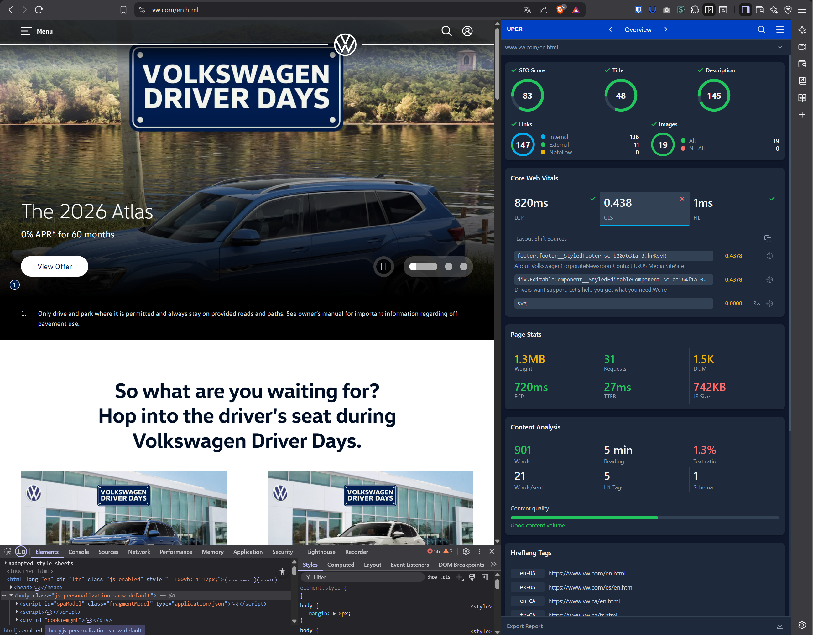 Problemy CLS wykryte przez Uper SEO Auditor na vw.com — footer i div z CLS 0.44